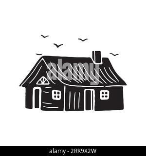 Whimsical beach hut block print illustration for tropical travel concept. Vector coastal house stylized for holiday. Stock Vector