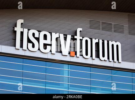 Milwaukee, Wisconsin, USA - August 23, 2023: The facade sign of the fiserv forum as it hosts the first 2024 Republican Presidential Debate. Stock Photo