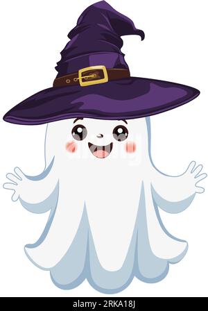 Halloween ghost art. A cartoon ghost wearing a witch hat and an open grin. Cute spirit for Halloween. Vector illustration. Stock Vector