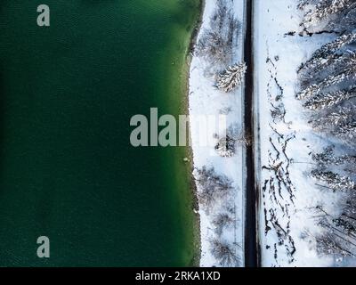 Magic and emotions of the Predil lake in a winter guise. Tarvisio. Top view Stock Photo