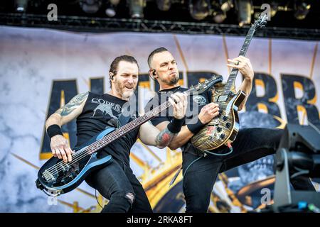 Solvesborg, Sweden. 10th, June 2023. The American hard rock band Alter Bridge performs a live concert during the Swedish music festival Sweden Rock Festival 2023 in Solvesborg. Here guitarist Mark Tremonti (R) is seen live on stage with bassist Brian Marshall (L). (Photo credit: Gonzales Photo - Terje Dokken). Stock Photo