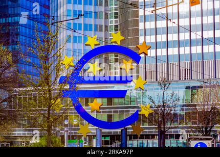 Frankfurt, Germany - May 30, 2014: euro symbol at former european central bank in Frankfurt, created by ottmar Hoerl. Stock Photo