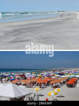 Bildnummer: 54290626  Datum: 16.02.2010  Copyright: imago/Xinhua (100812) -- RIO DE JANEIRO, Aug. 12, 2010 (Xinhua) -- Combo photos show a beach (Bottom) crowded with tourists in the Lakes Region, north of Rio de Janeiro, Brazil, on Feb. 16, 2010, and few tourists on the beach after it was polluted by oil slick on Aug. 11, 2010. A large oil slick reached beaches along the Atlantic Ocean in the Lakes Region since Aug. 9. Several beaches in Cabo Frio and Arraial do Cabo were affected by the slick, causing more than 10 penguins dead and casting an impact on the local tourism. Rio de Janeiro harbo Stock Photo