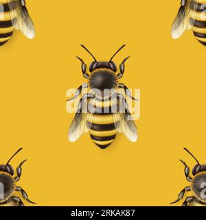 Vector Seamless Pattern with 3d Realistic Detailed Honey Bee Icon Closeup on Yellow Background. Queen Honeybee Design Template, Vector Illustration of Stock Vector