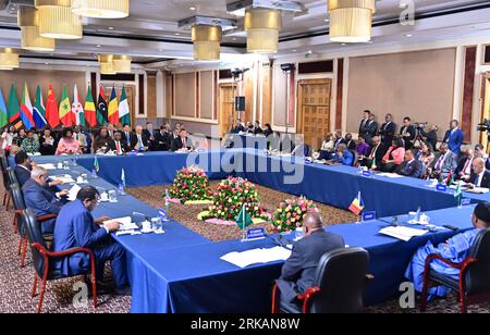 Johannesburg, South Africa. 24th Aug, 2023. Chinese President Xi Jinping co-chairs with South African President Cyril Ramaphosa the China-Africa Leaders' Dialogue in Johannesburg, South Africa, Aug. 24, 2023. Credit: Zhai Jianlan/Xinhua/Alamy Live News Stock Photo