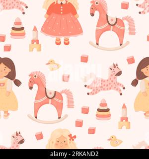 Children toys seamless pattern. Cute doll toys girls in dresses, rocking horse and unicorn, duck, cubes and pyramid. Vector illustration in cartoon st Stock Vector