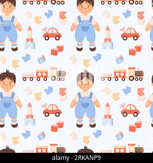 Cute kids seamless pattern. Children toys. Funny boy in shorts, train, clockwork car, puzzles and cubes on light blue background. Vector illustration Stock Vector