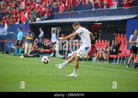 Pamplona, Spain, 24th August, 2023: Club Brugge player Philip Zinckernagel (77) hits the ball in the warm-up during the first leg of the previous round of the UEFA Europa Conference League 2023-24 between CA Osasuna and Club Brugge at the El Sadar Stadium, in Pamplona, on August 24, 2023. Credit: Alberto Brevers / Alamy Live News. Stock Photo