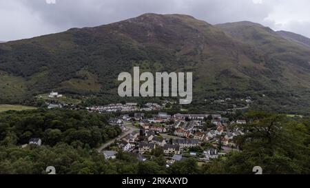 The Scottish village of Kinlochleven as seen from a drone point of view on a cloudy summers day. Stock Photo