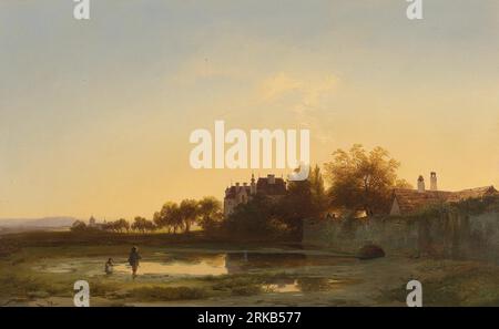 Angler in the evening light by the castle pond by 1857 by Ignaz Raffalt Stock Photo