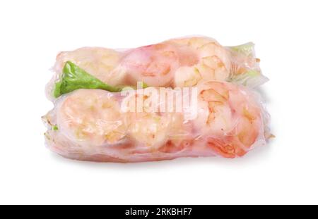 Tasty spring rolls with shrimps and lettuce wrapped in rice paper on white background Stock Photo