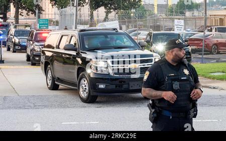 Atlanta, United States. 24th Aug, 2023. Former president Donald Trump's motorcade leaves the Fulton County Jail intake center in Atlanta, Georgia on Thursday, August 24, 2023 after he surrendered on racketeering and conspiracy charges over his efforts to overturn the results of the 2020 presidential election in Georgia. Photo by Anthony Stalcup/UPI Credit: UPI/Alamy Live News Stock Photo