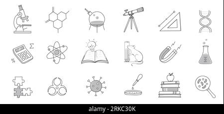 Laboratory doodle icon set. Hand drawn sketch line doodle style scientific education, chemistry laboratory, medicine experiment icon. Microscope, atom, magnet outline element. Vector illustration. Stock Vector