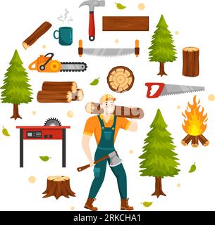 Men Chopping Wood and Cutting Tree with Lumberjack Work Equipment Machinery or chainsaw in Flat Cartoon Background Templates Vector Illustration Stock Vector