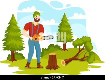 Men Chopping Wood and Cutting Tree with Lumberjack Work Equipment Machinery or chainsaw in Flat Cartoon Background Templates Vector Illustration Stock Vector