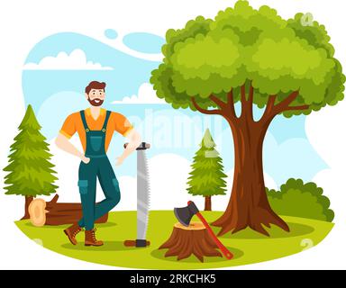 Men Chopping Wood and Cutting Tree with Lumberjack Work Equipment Machinery or chainsaw in Flat Cartoon Background Templates Vector Illustration Stock Vector