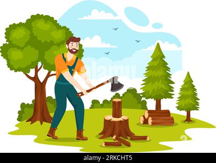 Men Chopping Wood and Cutting Tree with Lumberjack Work Equipment Machinery or chainsaw in Flat Cartoon Background Templates Vector Illustration Stock Vector