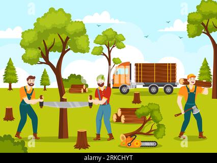 Men Chopping Wood and Cutting Tree with Lumberjack Work Equipment Machinery or chainsaw in Flat Cartoon Background Templates Vector Illustration Stock Vector