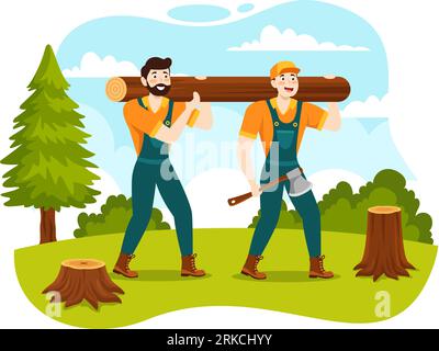 Men Chopping Wood and Cutting Tree with Lumberjack Work Equipment Machinery or chainsaw in Flat Cartoon Background Templates Vector Illustration Stock Vector