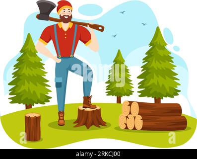 Men Chopping Wood and Cutting Tree with Lumberjack Work Equipment Machinery or chainsaw in Flat Cartoon Background Templates Vector Illustration Stock Vector