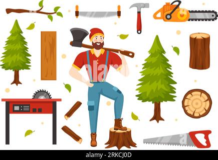 Men Chopping Wood and Cutting Tree with Lumberjack Work Equipment Machinery or chainsaw in Flat Cartoon Background Templates Vector Illustration Stock Vector