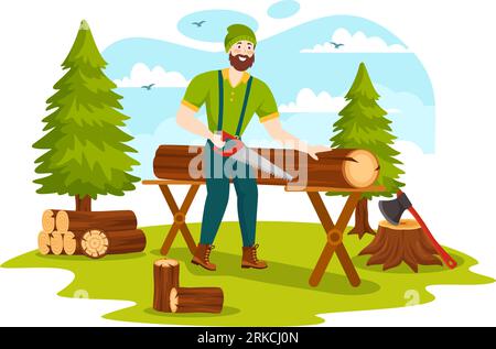 Men Chopping Wood and Cutting Tree with Lumberjack Work Equipment Machinery or chainsaw in Flat Cartoon Background Templates Vector Illustration Stock Vector