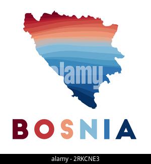 Bosnia map. Map of the country with beautiful geometric waves in red blue colors. Vivid Bosnia shape. Vector illustration. Stock Vector