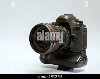 One black camera isolated on white background Stock Photo