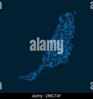Fuerteventura dotted glowing map. Shape of the island with blue bright bulbs. Vector illustration. Stock Vector