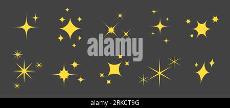 Gold sparkles and stars collection. Yellow twinkles and sparks collection. Christmas and New Year decoration elements. Vector illustration Stock Vector