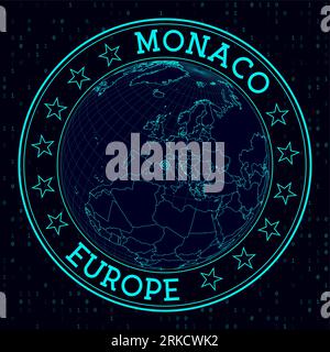 MONACO round sign. Futuristic satellite view of the world centered to MONACO. Geographical badge with map, round text and binary background. Stock Vector