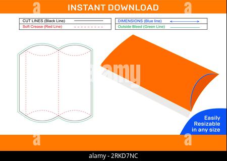 Pillow box or candy box, gift box dieline template and 3D box design editable easily Resizeable Stock Vector