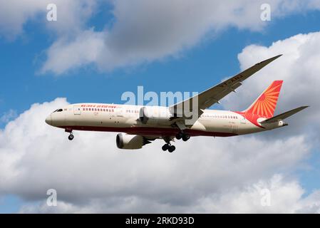 Air India Boeing 787-8 Dreamliner jet airliner plane VT-ANJ on finals to land at London Heathrow Airport, UK. Owned by Talace Private Limited, of Tata Stock Photo