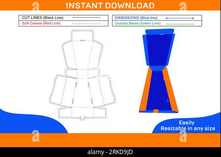 Corrugated box or Two roll end mailer box die line template with 3D render Stock Vector