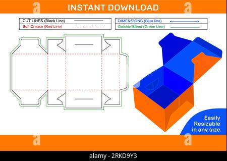 Cake or sweet food box die line template, packaging design and 3D box template Box die line and 3D box Stock Vector