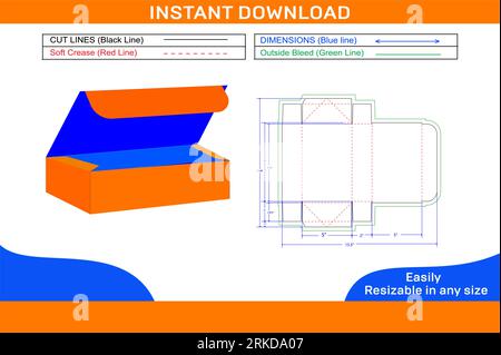 4 corner collapsible tray top tuck box die line template and 3D box design colour changeable and editable Stock Vector