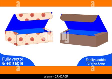4 corner collapsible tray top tuck box die line template and 3D box design colour changeable and editable Stock Vector