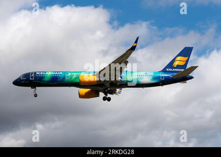 Icelandair Boeing 757 jet airliner plane TF-FIU on finals to land at London Heathrow Airport. Special Aurora Borealis paint scheme named Hekla Aurora Stock Photo