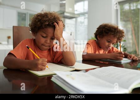 Schoolboys busy with doing homework at desk in living room Stock Photo
