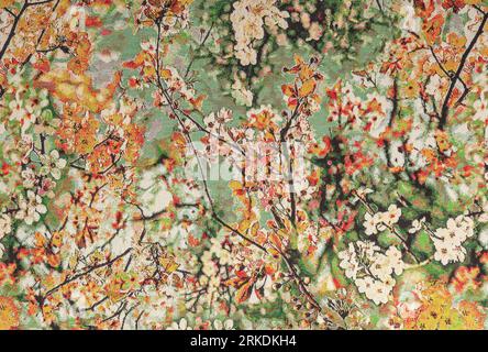 Colorful tapestry textile pattern with tree branches and flowers ornament useful as background Stock Photo