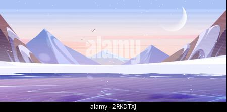 Snowy mountain landscape with ice on river. Vector cartoon illustration of frozen lake, moon and birds flying in evening sky, glacier on rocky peaks. Stock Vector