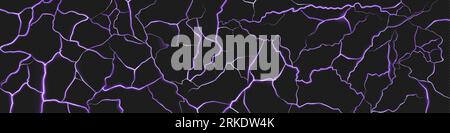 Realistic lightning bolt pattern on transparent background. Vector illustration of neon purple cracks, electric discharge on dark sky, thunderstorm fl Stock Vector