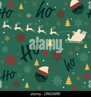Seamless Christmas pattern with Santa Claus, reindeer, snowflakes and lettering. Stock Vector