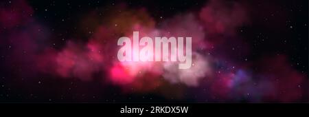 Realistic night sky with pink clouds. Vector illustration of magic sparkling stars scattered in dark space, colorful gradient mist flying in air, glit Stock Vector