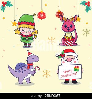 Cute cartoon Santa Claus, reindeer, dinosaur and elf. Vector illustration. Stock Vector