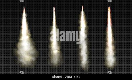 Realistic spacecraft launch set with isolated flying rockets on blue ...