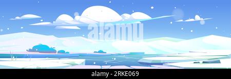 North Pole winter glacier cartoon landscape vector. Ice and snow antarctica land with broken and crack hole on ground surface. Freeze sea or river wil Stock Vector