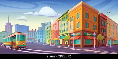 City street cartoon vector shop building with urban skyscraper view. Isometric apartment illustration near tram in town with nobody in sunny day. Retr Stock Vector