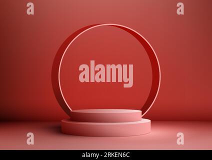 3D red podium steps stand with circle backdrop is a minimalist vector illustration perfect for product display or marketing materials. Vector illustra Stock Vector