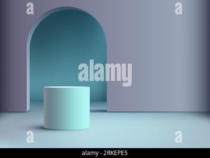 3D blue cylinder podium with door backdrop is a modern and stylish product display mockup. Vector illustration Stock Vector